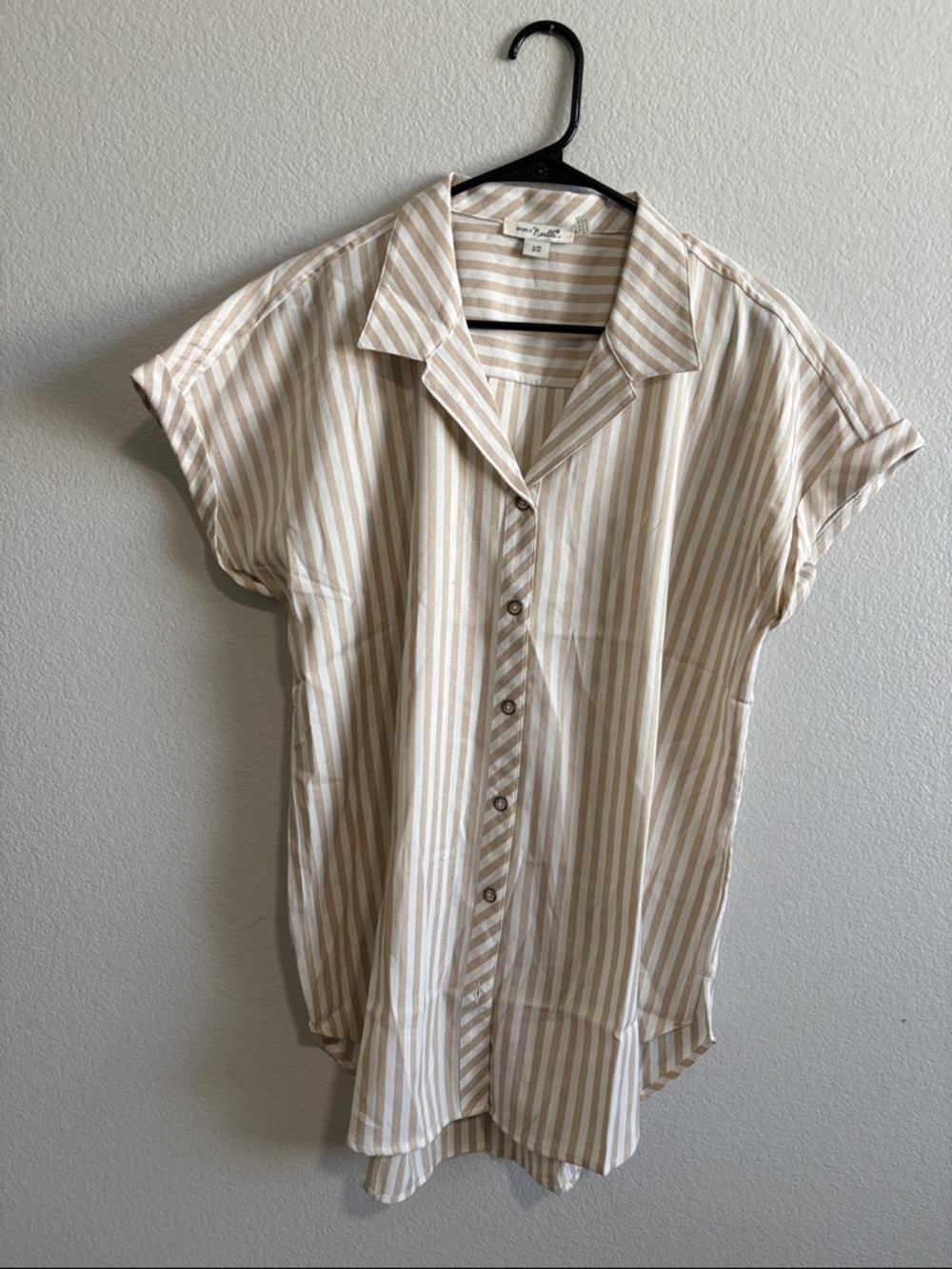 Tan and White Striped Short-Sleeve Button-Up Shirt